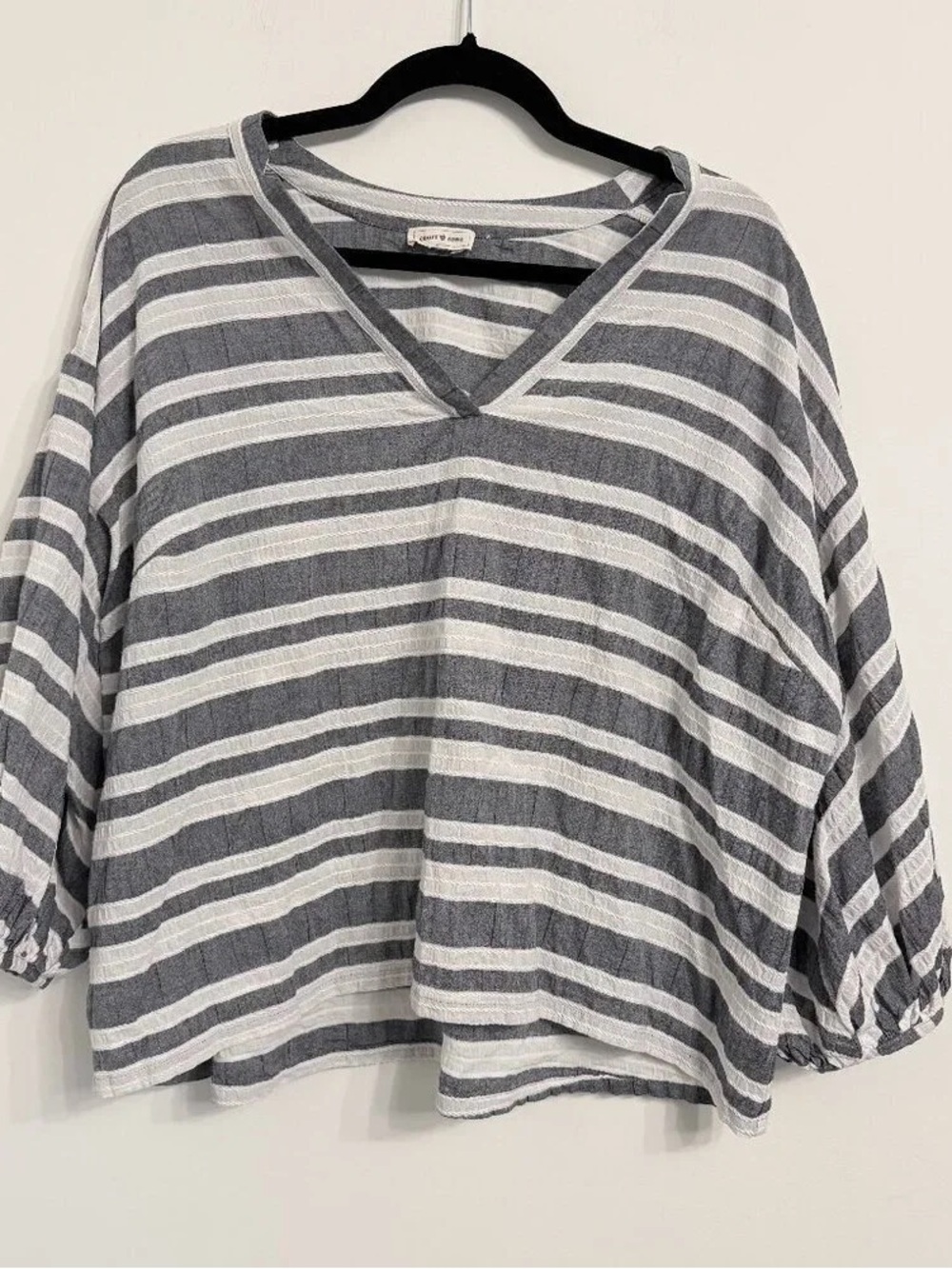 Striped V-Neck Relaxed Cotton Top - Gray & White